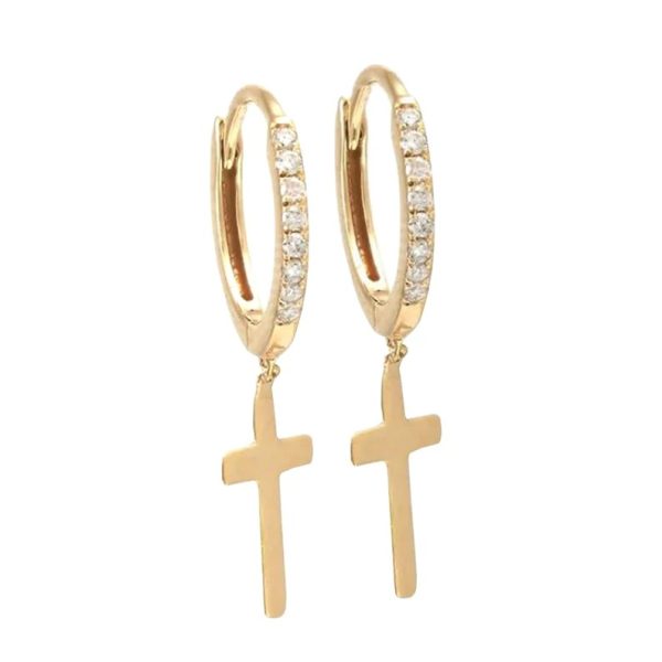 Diamond Hoop Earrings, Pave Diamond Earrings, Diamond Yellow Gold Dangling Cross Earrings, Pave Diamond Huggie Earrings Women