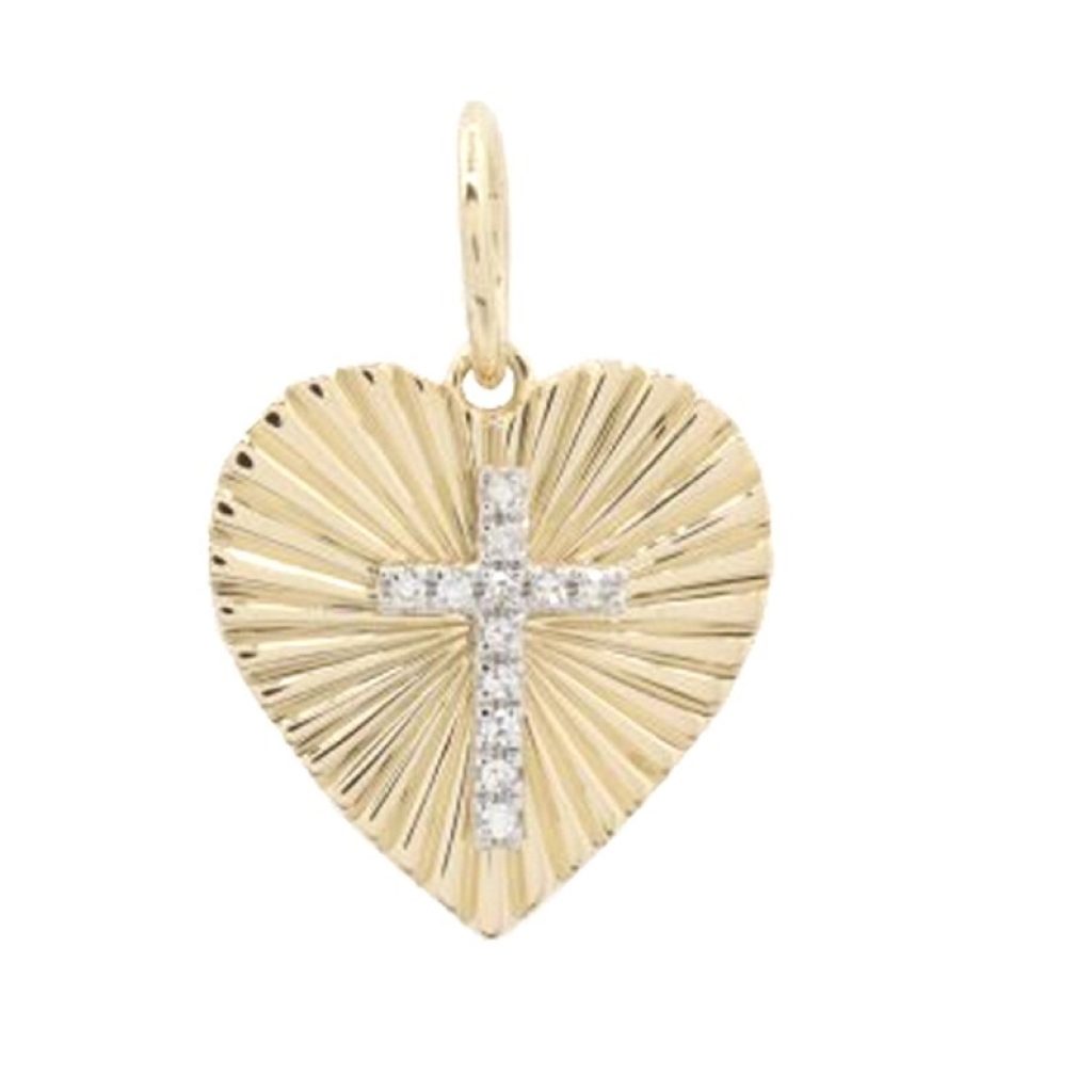 Diamond Heart Pendant, Pave Diamond Pendant, 14k Yellow Gold Cross Charm, Diamond Cross Heart Pendant for Love, Yellow Gold Pendant