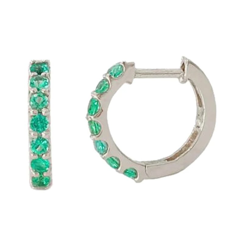 14k Yellow Gold Hoop Earrings, Pave Emerald Hoop Earrings, Emerald Pave Huggie Hoop Earrings, Emerald Gemstone Earrings Women