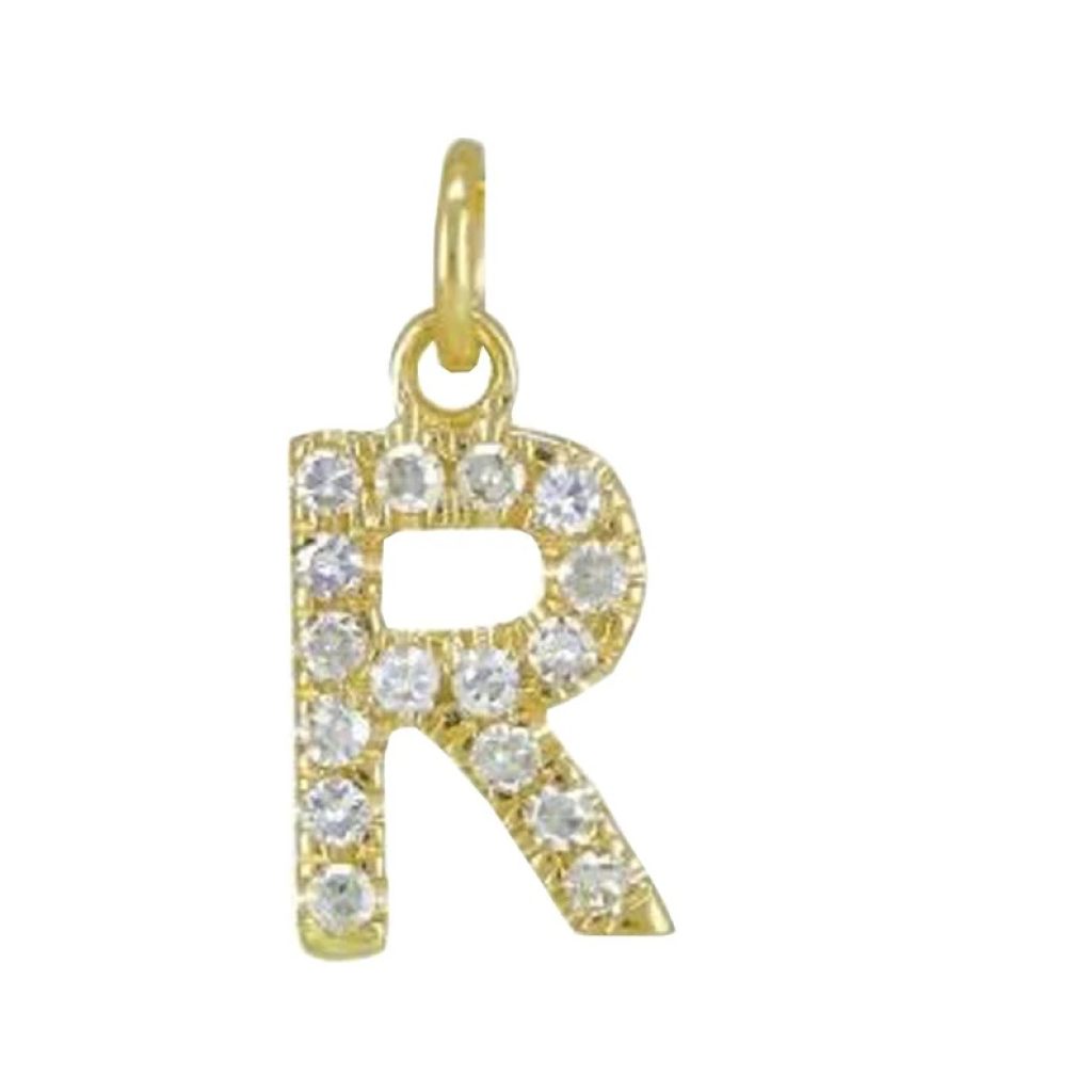 Pave Diamond Initial R Charm, 14k Yellow Gold Letter Charm, Pave Diamond Initial "R" Pendant , Word Name Charm Birthday Gift