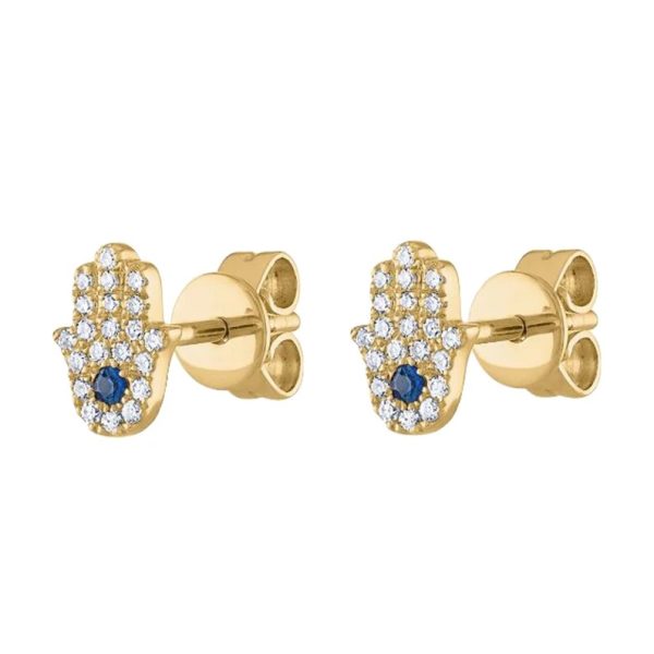 14k Solid Yellow Gold Mini Studs, Pave Diamond Hand Gold Studs, Blue Sapphire Gold Stud Earrings, Gold Earrings Birthday Gift Women