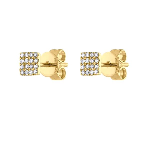 14k Yellow Gold Mini Studs, Pave Diamond Square Gold Studs, Gold Diamond Stud Earrings, Gold Earrings Valentine Gift Women