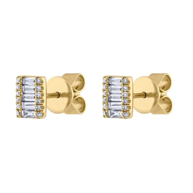 14k Yellow Gold Studs, Pave Diamond Baguette Gold Studs, Gold Diamond Stud Earrings, Gold Stud Earrings Valentine Gift Women