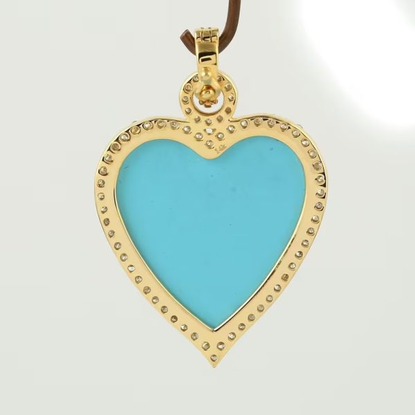 14k Yellow Gold Heart, Gold Heart Charm Pendant, Turquoise Gemstone Heart Pendant, Real Diamond Heart Pendant Jewelry Gift for Love