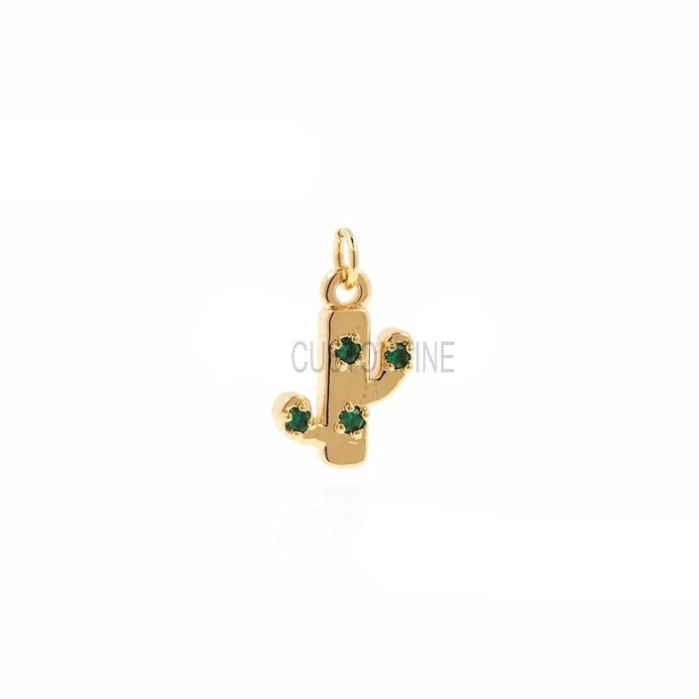 14k Gold Emerald Gemstone Small Cactus Plant Pendant, 14k Gold Cactus Plant Pendant, Emerald Gemstone Cactus Plant Pendant, Handmade Pendant