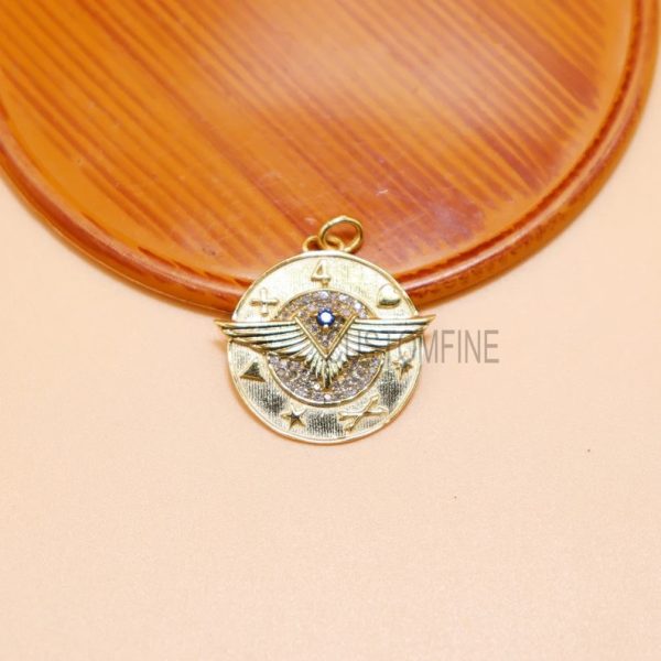 18k Yellow Gold Natural Emerald & Pave Diamond Eagle Wings Charm Enamel Pendant, 18k Gold Eagle Wings Charm Pendant, Handmade Charm Jewelry