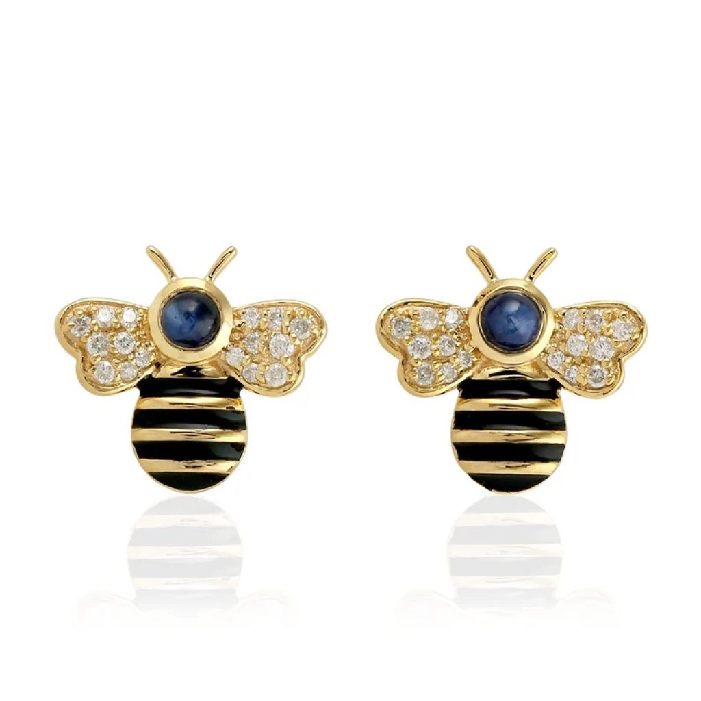 Bumble Bee Earrings, Bezel Set Sapphire Stud Earrings, Honey Bee Stud, Pave Diamond Stud Earrings, 925 Silver With Gold Plated Earrings