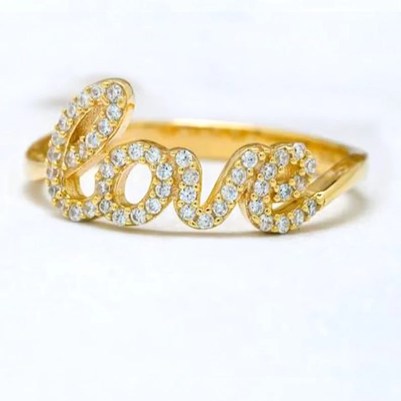 14k Yellow Gold Ring, Diamond Love Ring, Diamond Wedding Engagement Ring, Diamond Gold Wedding Band Love Ring Women Forever