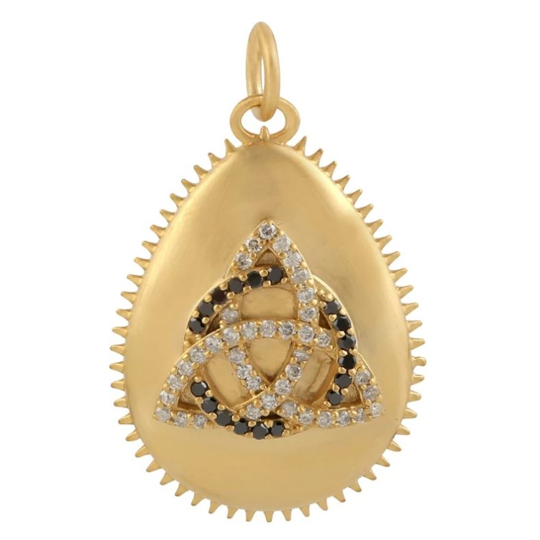 Pave Diamond Pendant, Black & White Diamond Charm Pendant, 14k Yellow Gold Pendant, Diamond Pendant Jewelry Gift for Women