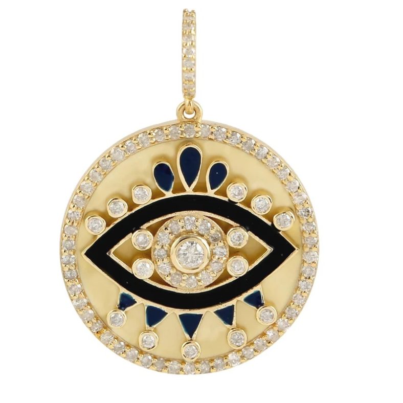 Black Enamel Evil Eye Charm, Pave Diamond Evil Eye Pendant, 14k Yellow Gold Circle Pendant, Enamel Disc Pendant Gift For Women