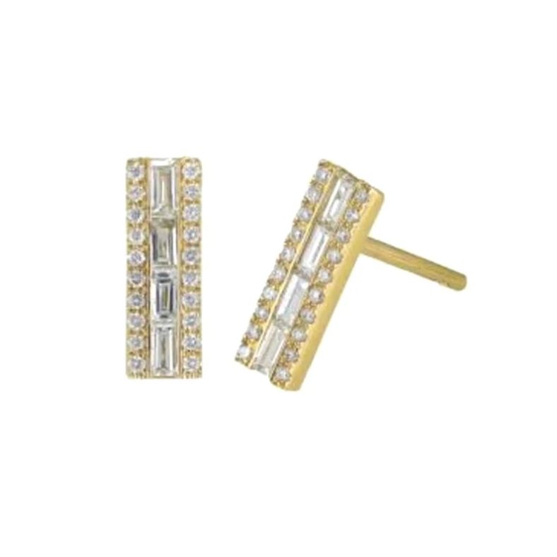 Diamond Baguette Earrings, Yellow Gold Stud Mini Earrings, Diamond Pave Minimalist Stud Earrings, 14k Gold Earrings Gift Women