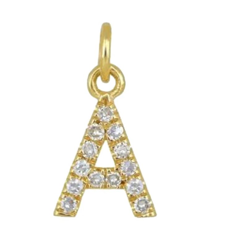 14k Yellow Gold Charm Pendant, Pave Diamond Charm Pendant, Handmade Initial Letter A Pendant, Personalize Name Minimalist Pendant,