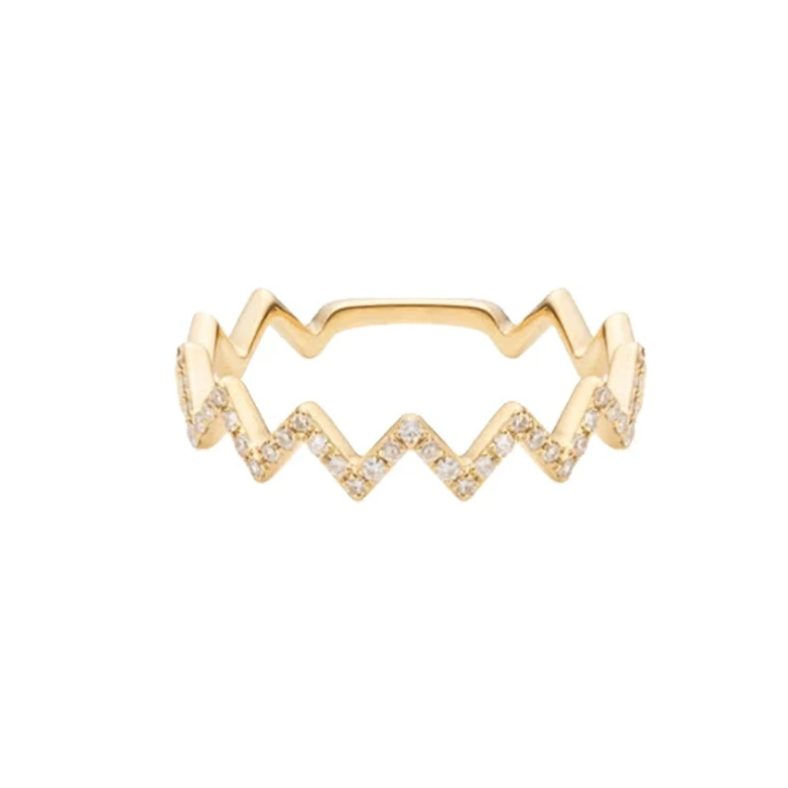VHighs and Lows Wave Ring, 14k Solid Yellow Gold Ring, Diamond Pave Zig Zag Ring for Women, Birthday Gift for Daughter from Mom DadB