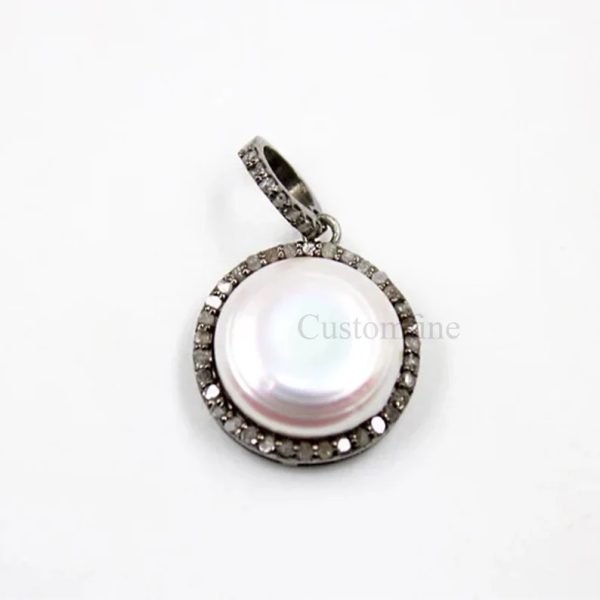 natural pearl pendant Rosecut pave diamond pendant 925 sterling silver handmade finish diamond charms necklace pendant