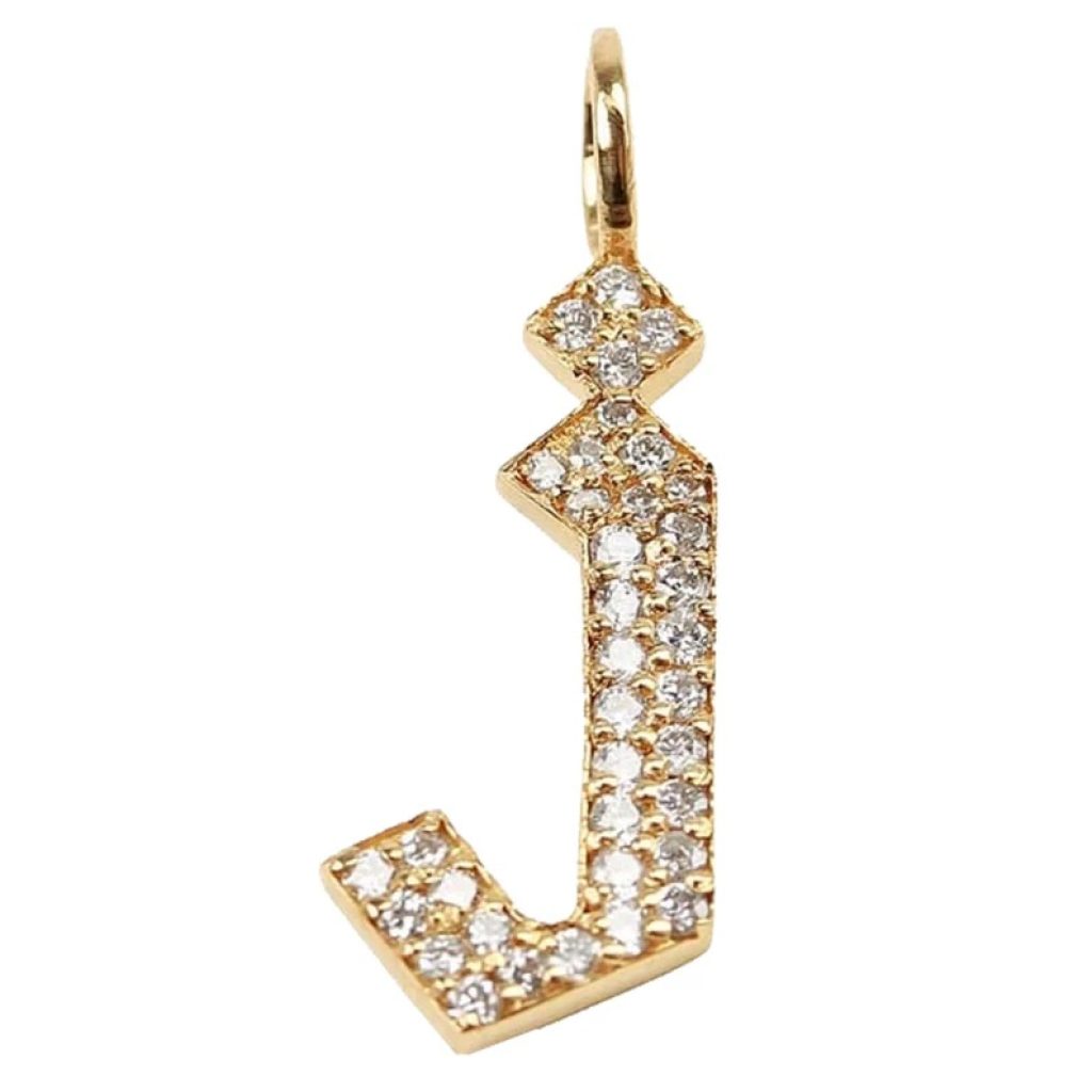 Diamond Gothic J Pendant, Pave Diamond Initial Pendant, Pave Diamond Mini Charm Pendant, 14k Yellow Gold Gothic Letter Sign Charm,