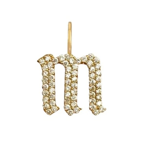 Diamond Gothic M Pendant, Pave Diamond Initial M Pendant, Pave Diamond Mini Charm Pendant, 14k Yellow Gold Gothic Letter Sign Charm