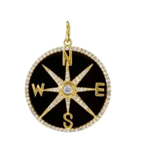 14K Gold Malachite Compass Pendant, 14k Yellow Gold Compass Pendant, Malachite Gold Compass Charm, Black Onyx Letter Compass Charm