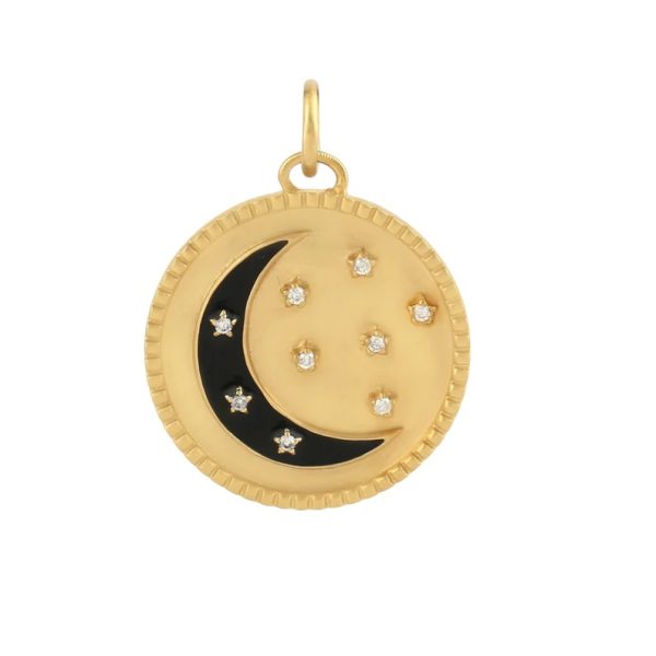 14k Yellow Gold Pendant, 14k Yellow Gold Moon Pendant, Diamond Circle Crescent Moon Black Enamel Charm Pendant Birthday Gift Women