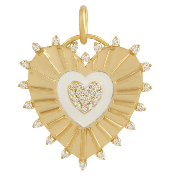 Pave Diamond Heart Pendant, Diamond Heart Shape Pendant, 14k Yellow Gold Diamond Pave Pendant, Diamond Ivory Enamel Pendant