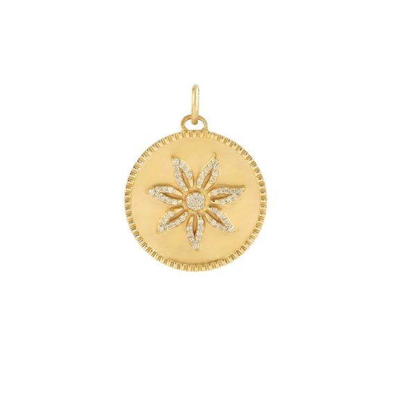 Pave Diamond Pendant, Pave Diamond Circle Pendant, Handmade 14k Yellow Gold Round Disc Pendant, Pave Diamond Floral Pendant