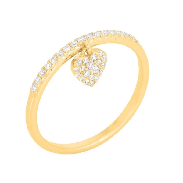 Pave Diamond Engagement Ring, Diamond Hanging Heart Ring Band, Real Diamond Wedding Ring, 14k Yellow Gold Anniversary Ring