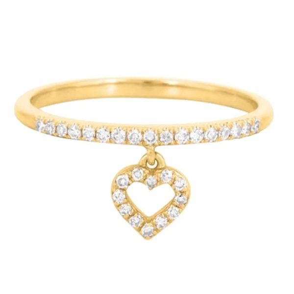 Pave diamond Ring, Diamond Heart Charm Hanging Ring Band, Natural Diamond Wedding Band Ring, 14k Yellow Gold Engagement Ring