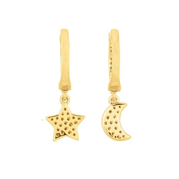 Pave Diamond Earrings, Diamond Star Moon Earrings, Handmade 14k Yellow Gold Earrings, Gold Earrings Hoop Women Wear Jewelry