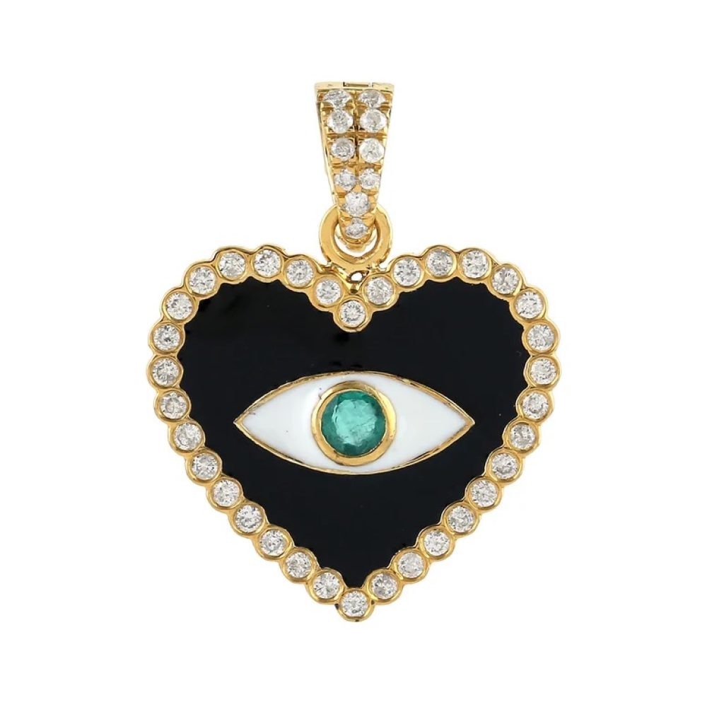 Pave Diamond Heart Pendant, Evil Eye Pendant, Emerald Diamond Heart Shape Charm Pendant, Enamel Charm Pendant, Pave Diamond Jewelry