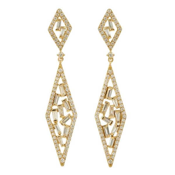 Pave Diamond Earrings, Diamond Dangle Earrings, Indian Handmade Earrings, Diamond Baguette Dangle Earrings, 14k Yellow Gold Earrings