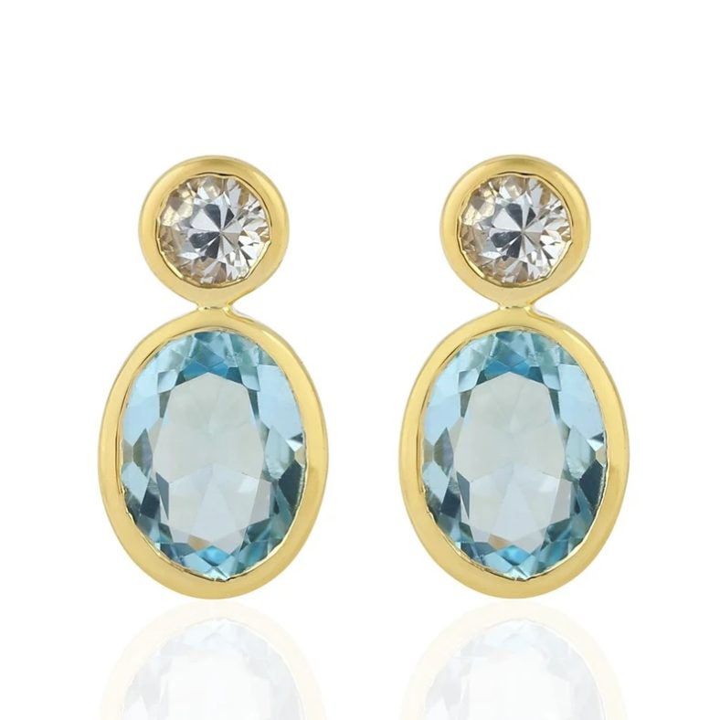 Bezel Set Blue Topaz Sapphire Dangle Earrings, 925 Silver With Gold Plated Stud Earrings, Fine Stud Earrings Jewelry, Women's Gift