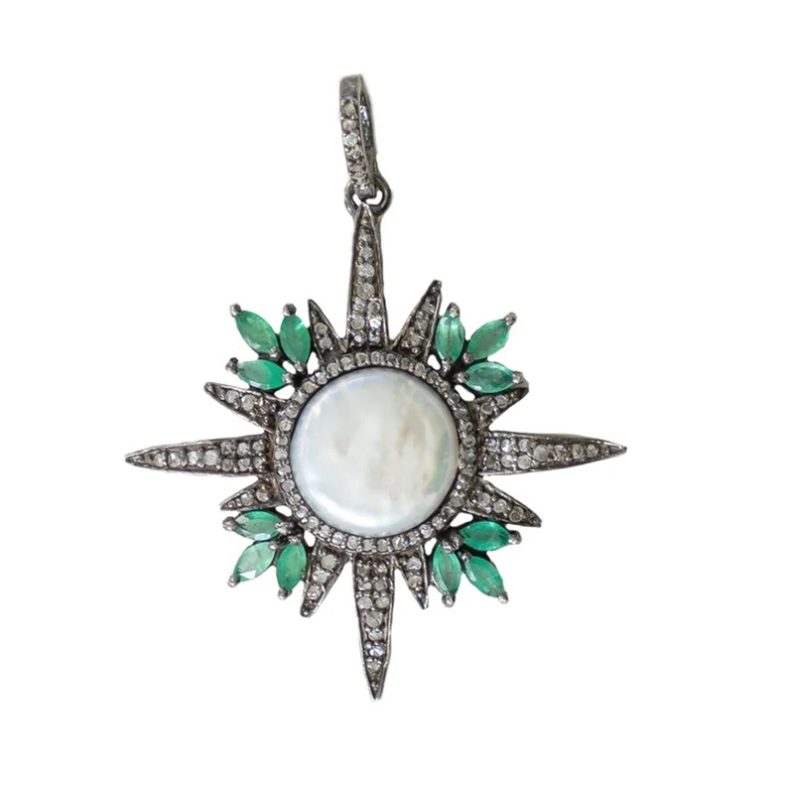 Pearl Gemstone Pendant, Pave Diamond Pendant, Emerald Marquise Charm Pendant, Diamond Pave Pendant, Silver Pendant Gift for Women