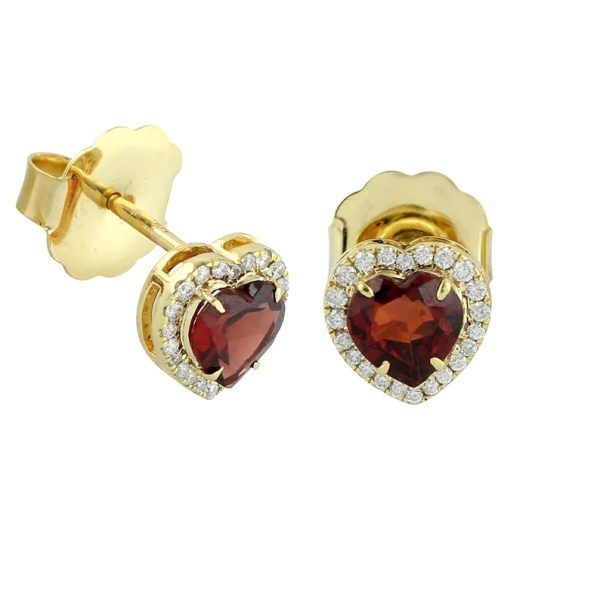 Diamond Stud Earrings, Pave Diamond Heart Studs, Garnet Gemstone Heart Studs, Yellow Gold Stud Earrings, Diamond Garnet Studs,