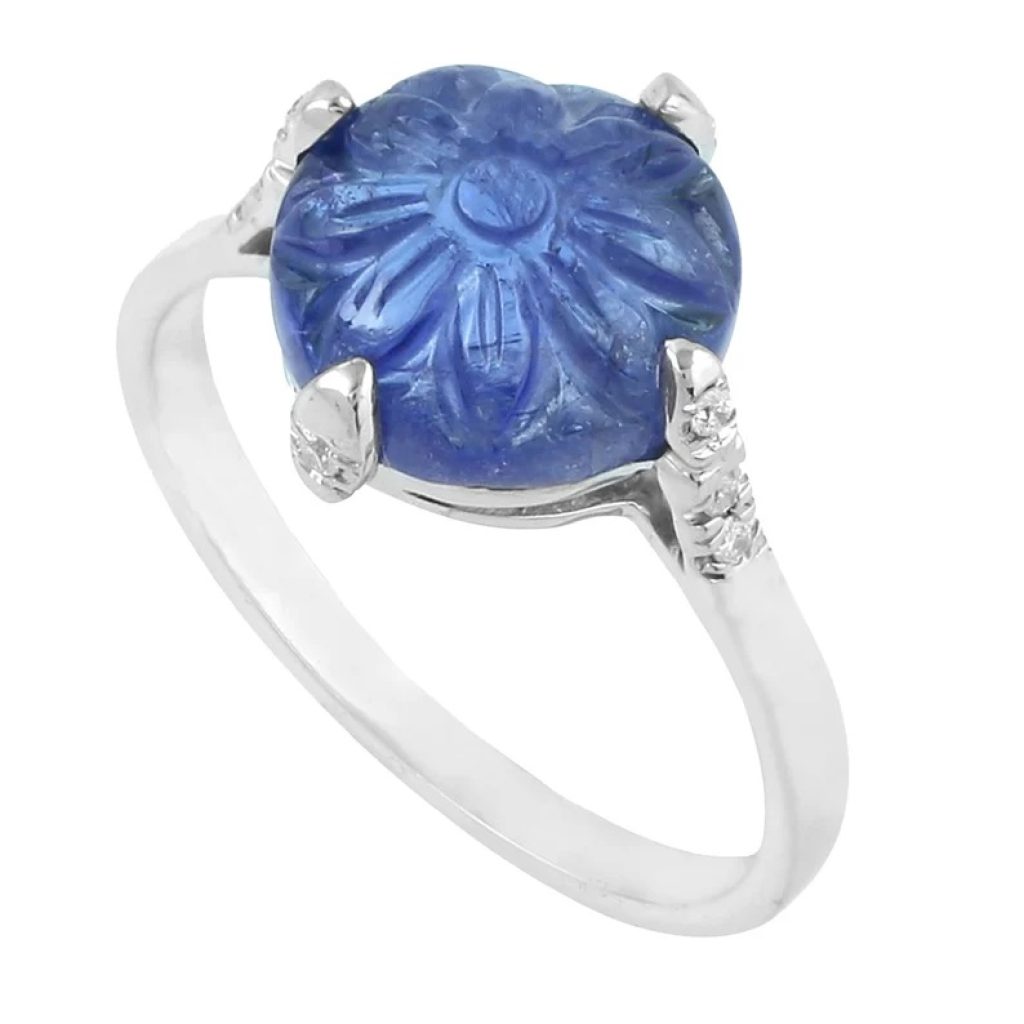 14k White Gold Gemstone Ring, Diamond Onyx Carving Ring, Diamond Engagement Ring, Handmade Gold Ring, Valentine Day Gift