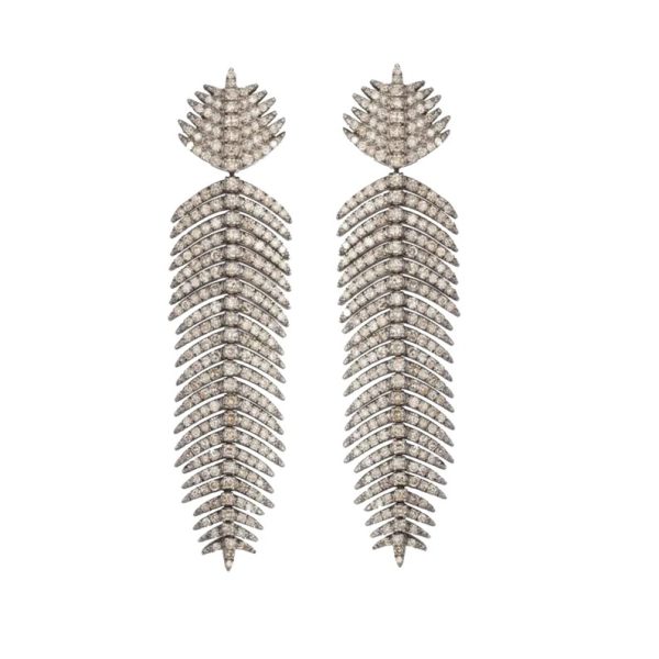 Pave Diamond Earrings, Pave Diamond Feather Earrings, Diamond Leaf Dangle Earrings, Handmade Pave Set Diamond Earrings Women Gift