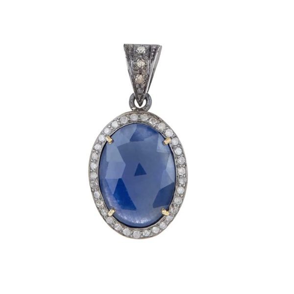 Pave Diamond Pendant, Diamond Real Oval Blue Sapphire Pendant, Sterling Silver Charm Pendant, Gemstone Diamond Pave Charm Pendant