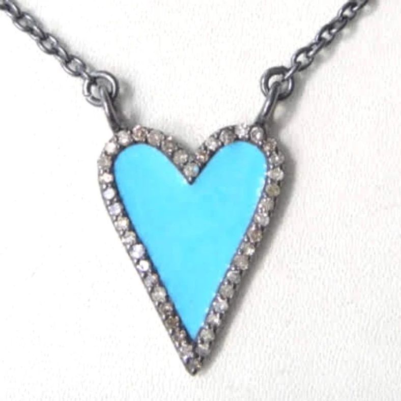 Pave Diamond Heart Pendant, 925 Sterling Silver Heart Necklace, Diamond Pave Turquoise Enamel Necklace, Silver Enamel Heart Necklace