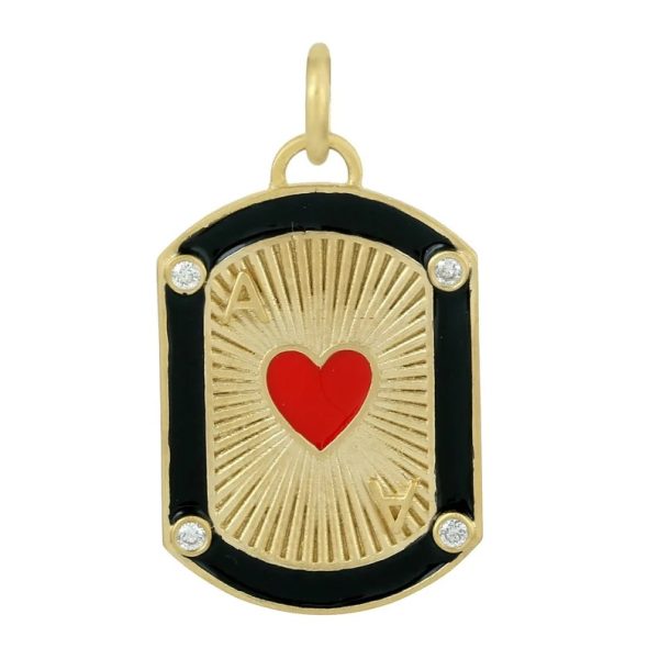 Diamond Pave Pendant, Real Natural Diamond Initial A Charm, Diamond Red & Black Enamel Pendant, 14k Yellow Gold Heart Pendant