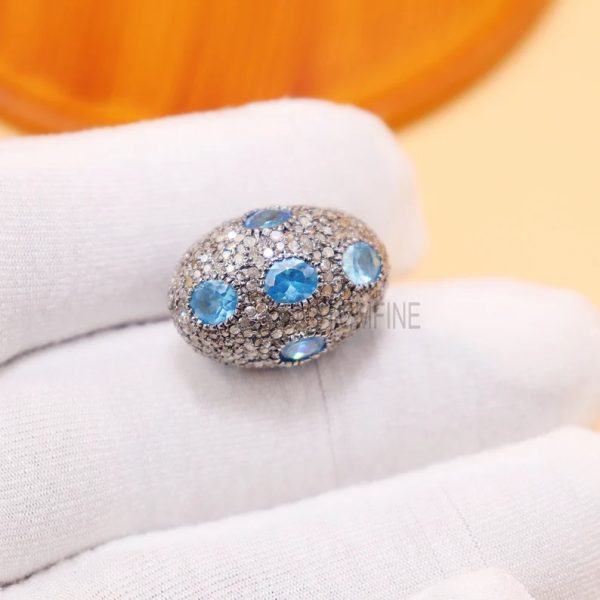 Pave Diamond with Blue Topaz Spacer Bead 925 Sterling Silver Jewelry, Silver Diamond Findings Jewelry, Diamond Bead, Handmade Diamond Bead