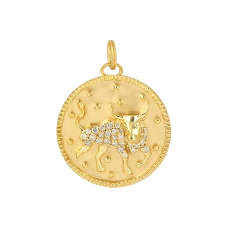 Diamond Charm Pendant, Pave Diamond Zodiac Sign Pendant, 14k Yellow Gold Pendant, Solid Yellow Gold Diamond Taurus Zodiac Pendant