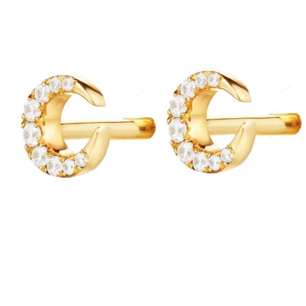 Gold Minimalist Studs, 14k Yellow Gold Studs, Pave Diamond Mini Moon Studs, Real Diamond Gold Stud Earrings for Women
