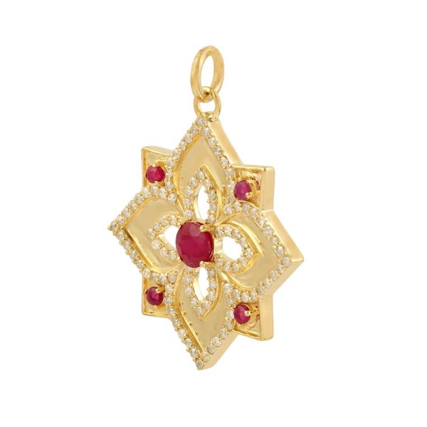 14k Yellow Gold Pendant, Pave Diamond Pendant, Indian Ruby Gemstone Diamond Pendant, Diamond Gemstone Floral Pendant Gift for Women