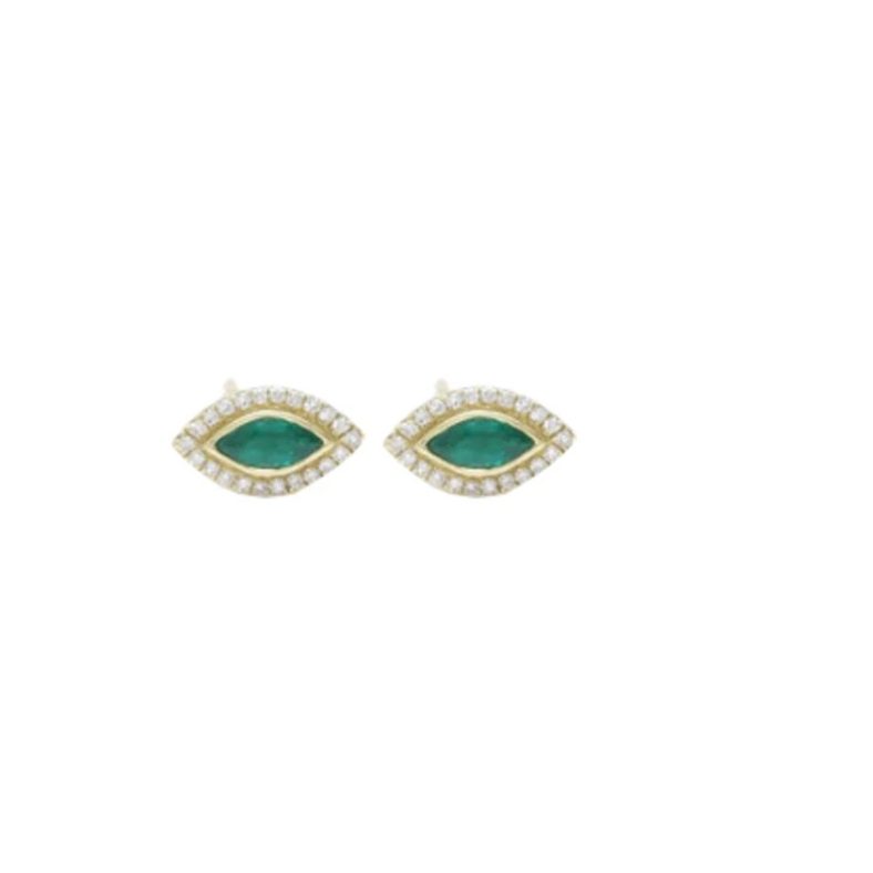 Diamond Studs, Pave Diamond Studs, Diamond Evil Eye Studs, Evil Eye Studs Emerald, Emerald 14k Yellow Gold Evil Eye Stud Earrings,