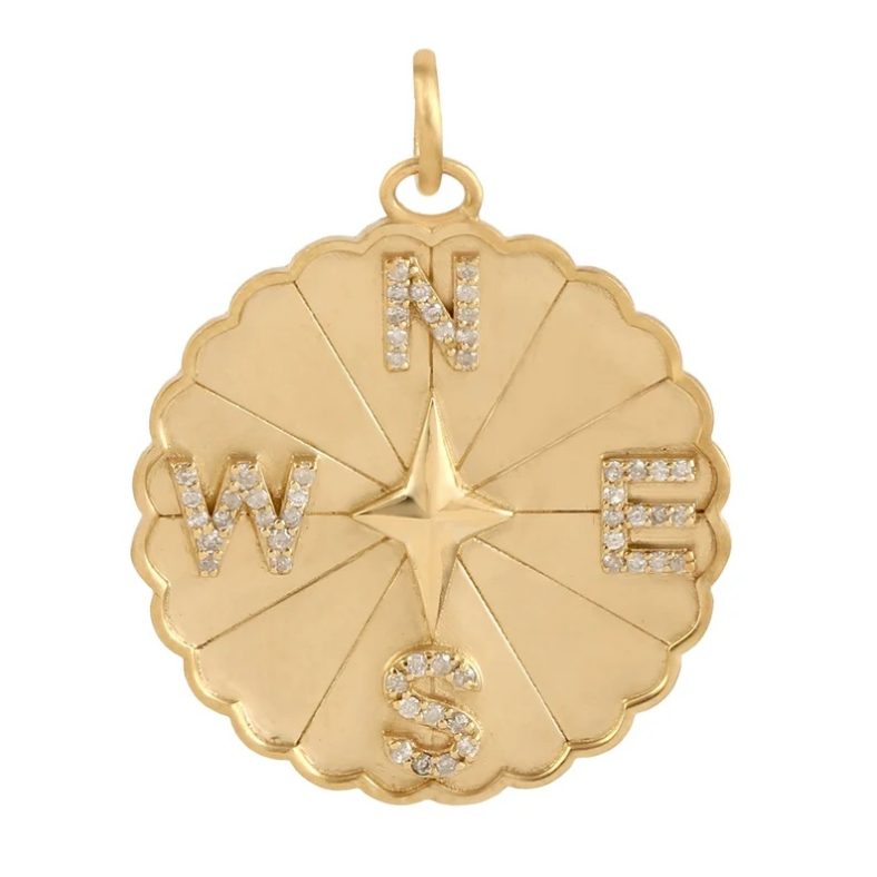 14K Diamond Compass Pendant, Traveler Necklace, Diamond Gold Compass Charm, Gold Diamond Letter Compass Charm Fine Jewelry