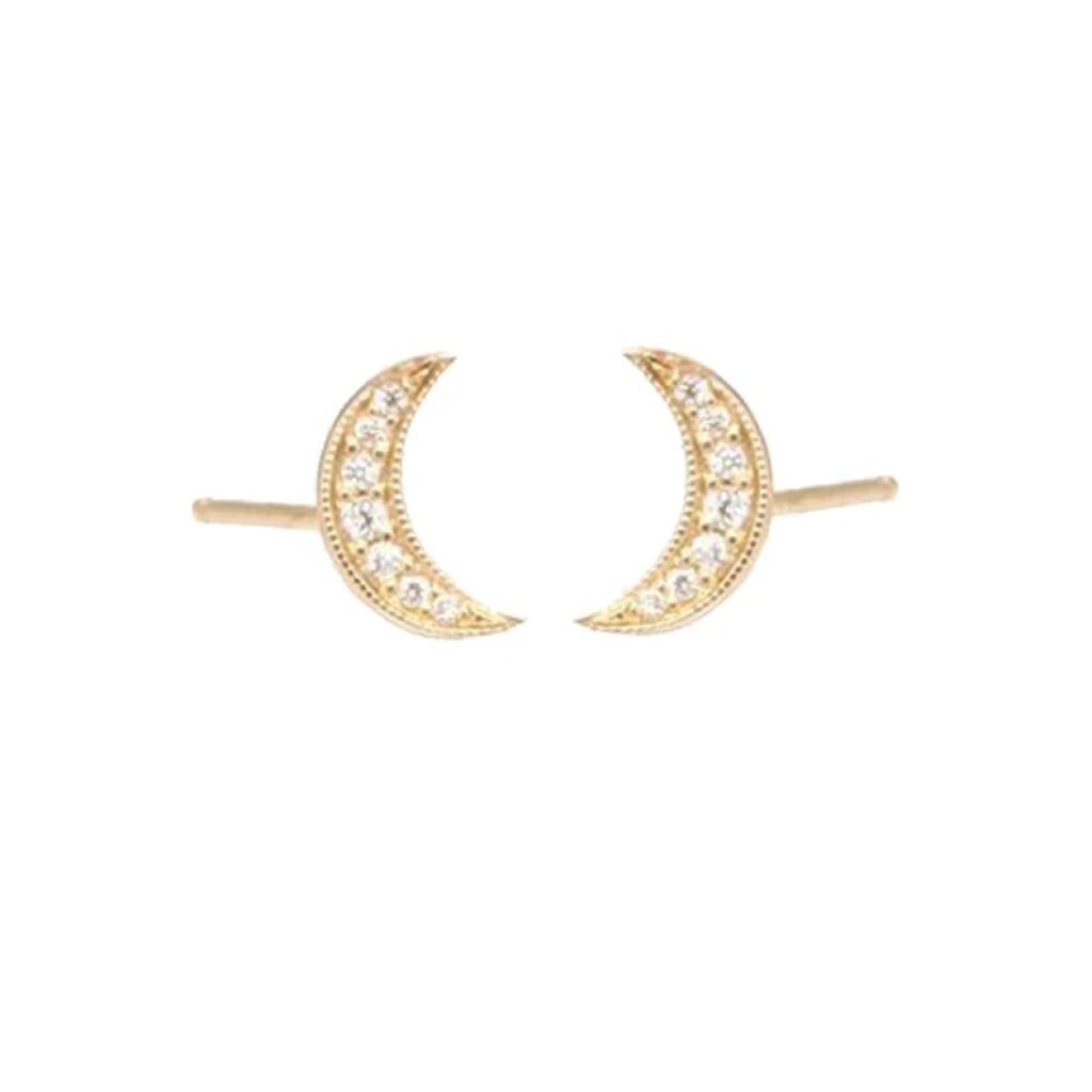 Diamond Moon Studs, Pave Diamond Crescent Moon Studs, Diamond Gold Stud Earrings, Yellow Gold Diamond Moon Stud Earrings Gift