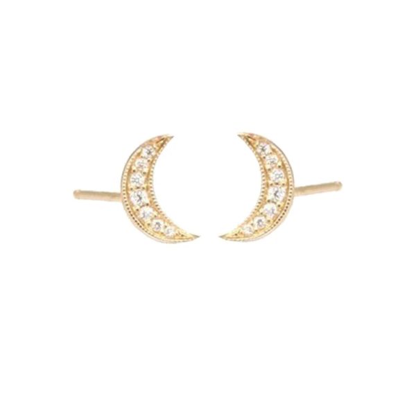 Diamond Moon Studs, Pave Diamond Crescent Moon Studs, Diamond Gold Stud Earrings, Yellow Gold Diamond Moon Stud Earrings Gift