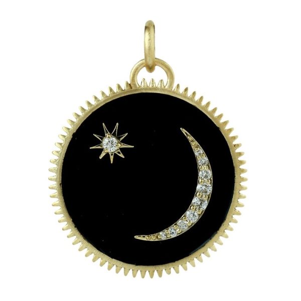 14k Yellow Gold Crescent Moon Charm Pendant & Starburst Pendant Necklace Black Enamel Pendant Jewelry Gift For Her Birthday Gift