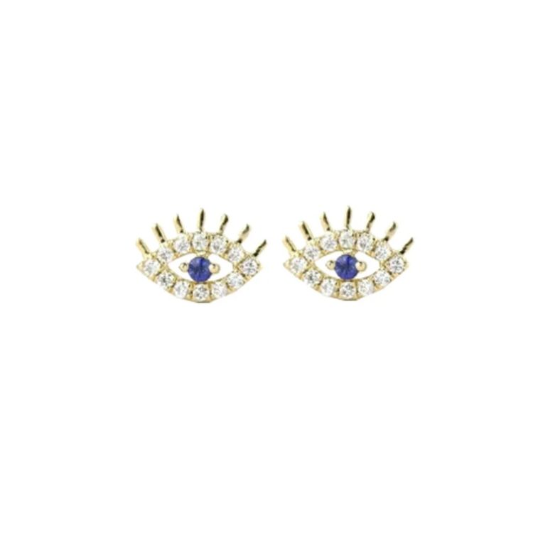 Gold Evil Eye Studs, Diamond Pyramid Studs, Yellow Gold Evil Eye Stud Earrings, 14k Gold Diamond Studs For Birthday Gift