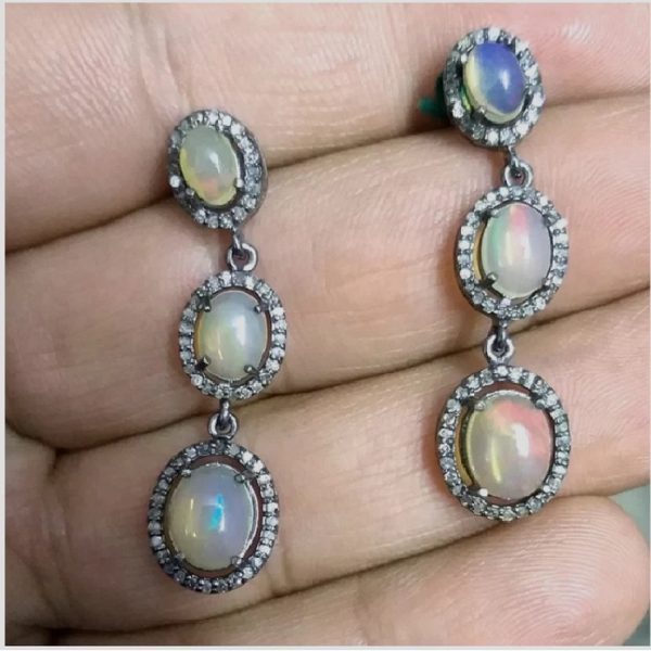 Diamond Earrings, Diamond Pave Dangle Earrings, Ethopian Opal Dangle Earrings, Natural Diamond Earrings, Silver Diamond Earrings