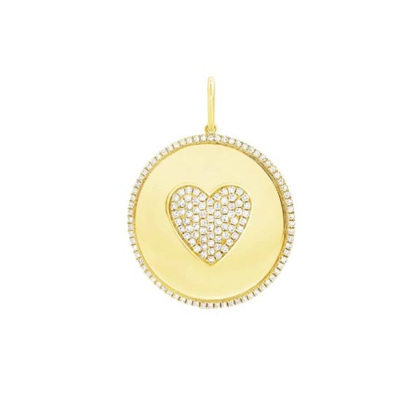 Gold Disc Pendant, Pave Diamond Heart, Gold Heart Pendant, Handmade Pendant Jewelry, Diamond Pave Circle Heart Pendant Gift