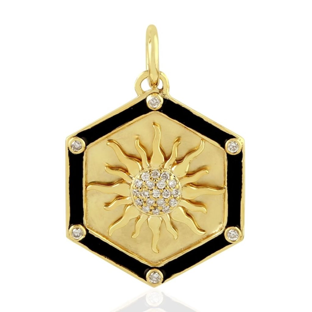 14k Yellow Gold Sunburst Pendant 7 Diamond Charm Pendant Enamel Disc Charm Pendant Hexagon Charm Pendant Jewelry Gift For Her